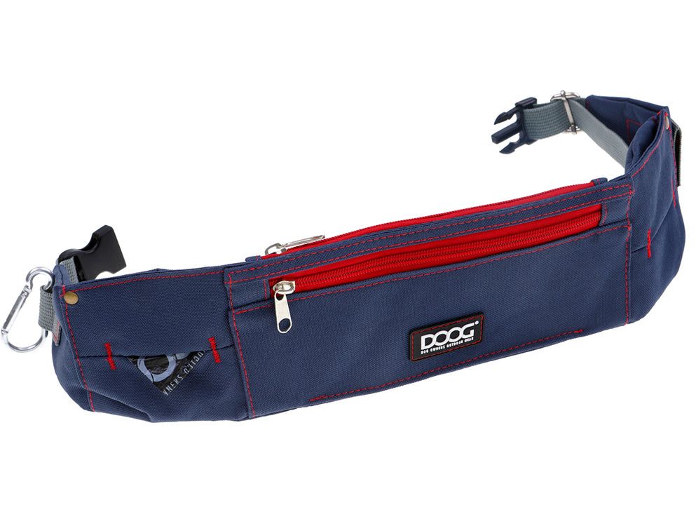 Blauer DOOG Gürteltasche mit roten Reißverschlüssen, strapazierfähig und vielseitig mit Befestigungshaken.