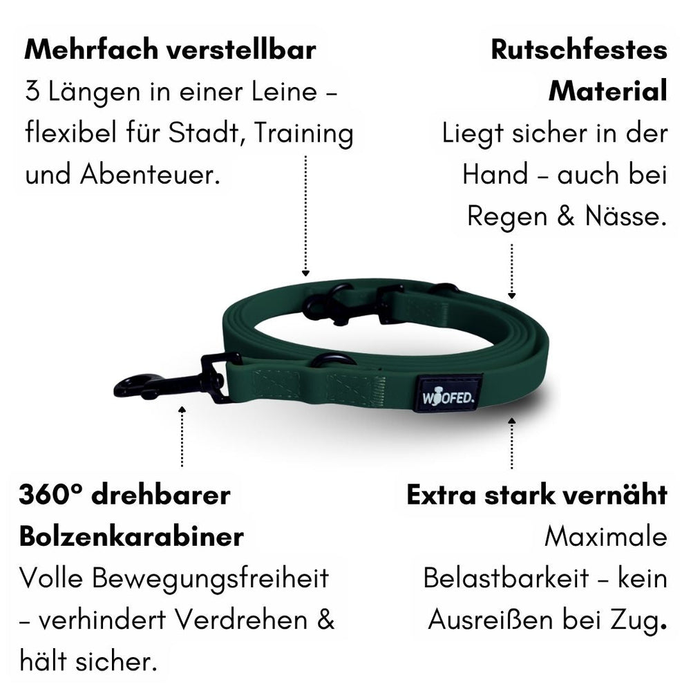 Verstellbare WOOFLEX® Classic Hundeleine in mehreren Farben, rutschfest und funktional für verschiedene Längen.