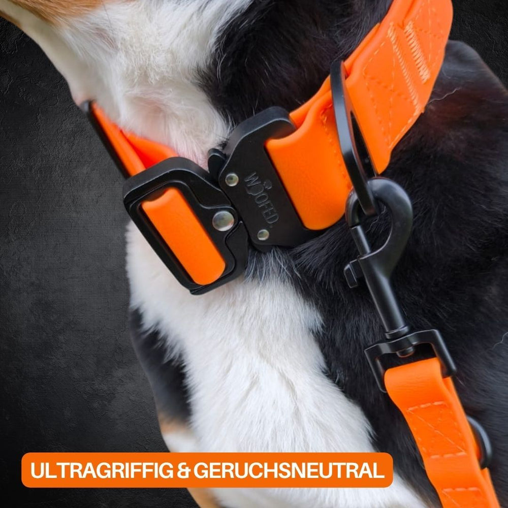 Verstellbare Hundeleine WOOFLEX® Classic in leuchtendem Orange, robustes Material und stabiler Verschluss für optimalen Halt.