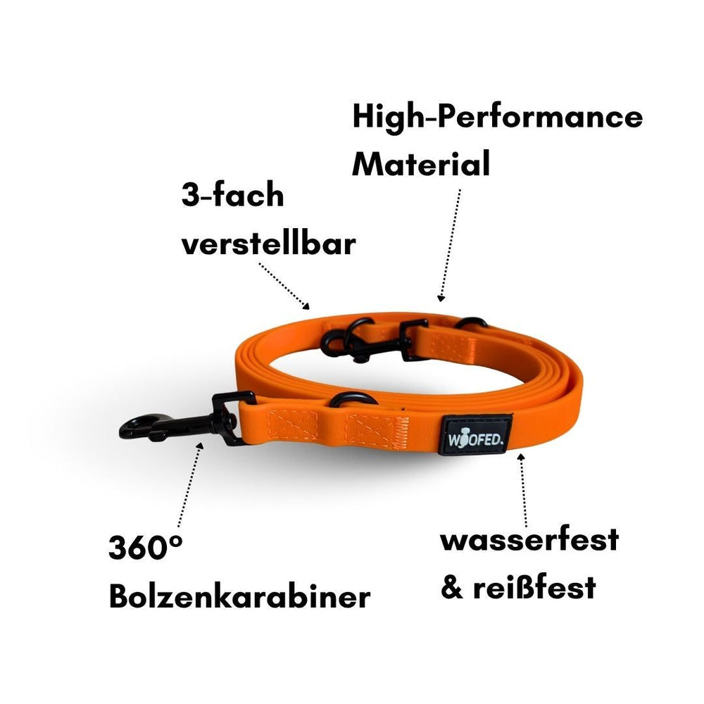 Orange verstellbare Hundeleine WOOFLEX® Classic aus wasserfestem, reißfestem Material mit 360° Bolzenkarabiner.