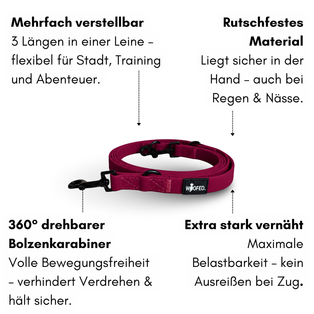 Verstellbare lila Hundeleine WOOFLEX® Classic, rutschfest, 360° drehbar, ideal für verschiedene Wetterbedingungen.