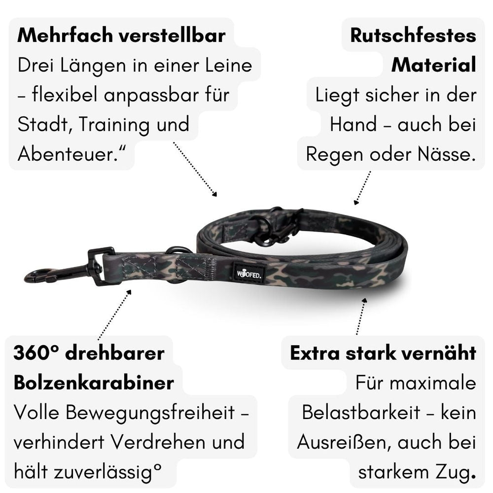 Verstellbare Führleine WOOFLEX® Classic aus rutschfestem Material mit 360° drehbarem Bolzenkarabiner für Hunde.