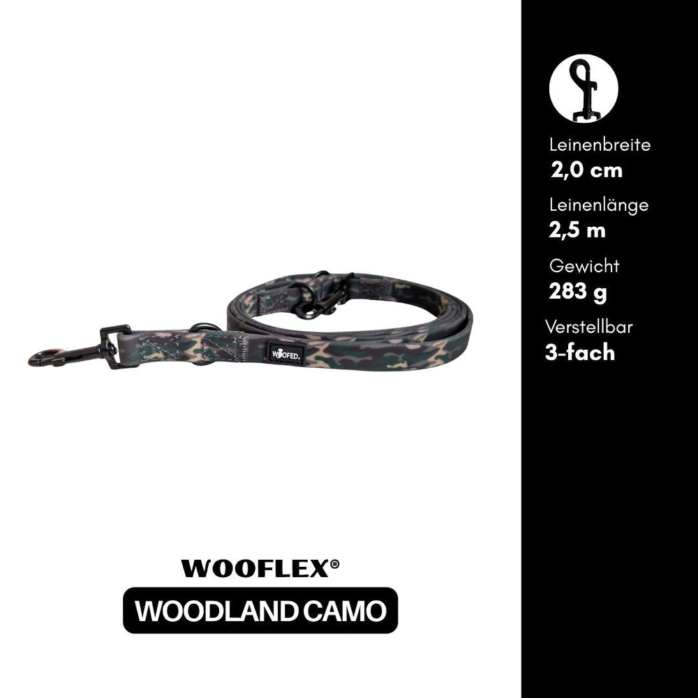 Verstellbare WOOFLEX® Classic Hundeleine in Woodland Camo, 2 cm breit, 2,5 m lang, leicht und robust.