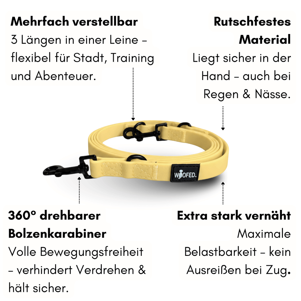 Multifunktionale gelbe Hundeleine WOOFLEX® Classic, verstellbar, rutschfest und mit 360° Bolzenkarabiner.