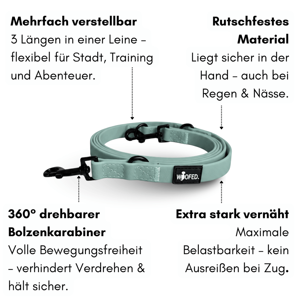 Verstellbare grüne Hundeleine WOOFLEX® Classic aus rutschfestem Material für sicheren Halt bei jedem Wetter.