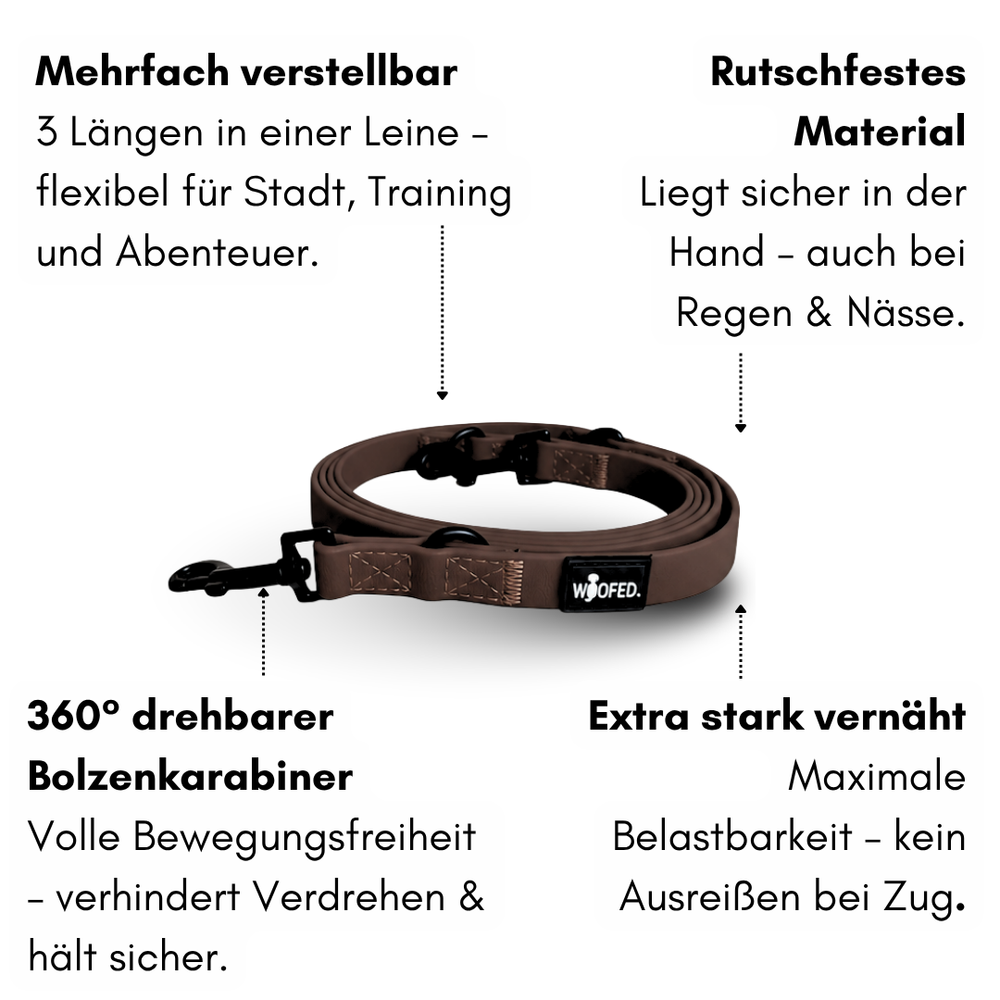 Braune WOOFLEX® Classic Hundeleine, verstellbar in drei Längen, rutschfest mit 360° drehbarem Bolzenkarabiner.