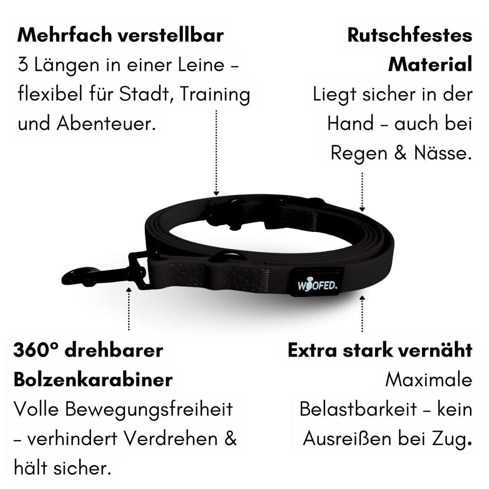 Verstellbare WOOFLEX® Classic Hundeleine aus rutschfestem Material für optimalen Halt bei Nässe.