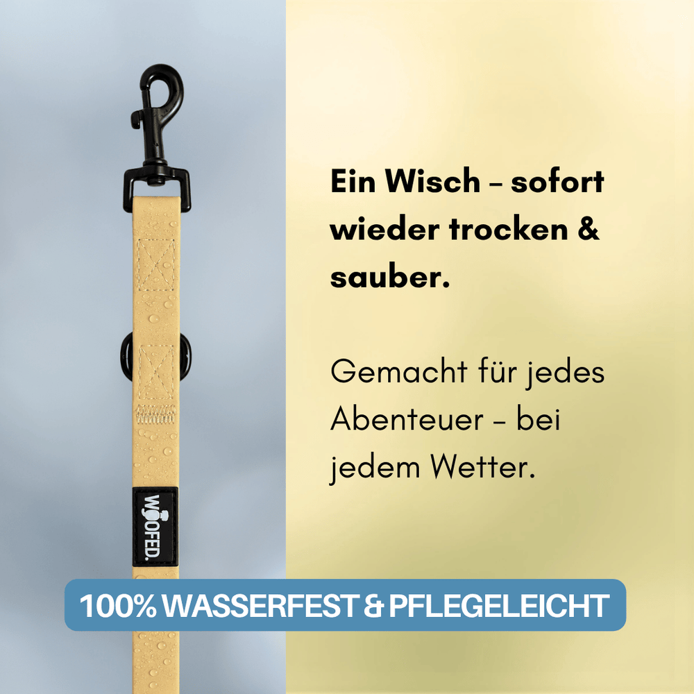 Wasserfeste WOOFLEX® Classic Führleine in Sandfarbe mit praktischem Haken. Pflegeleichtes und stylisches Hundezubehör.