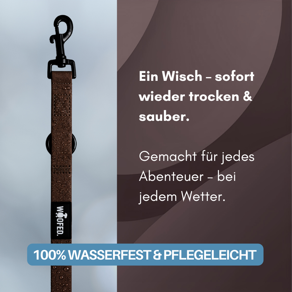 Braune WOOFLEX® Classic Hundeleine mit Karabinerhaken, wasserfest und pflegeleicht für Abenteuer bei jedem Wetter.