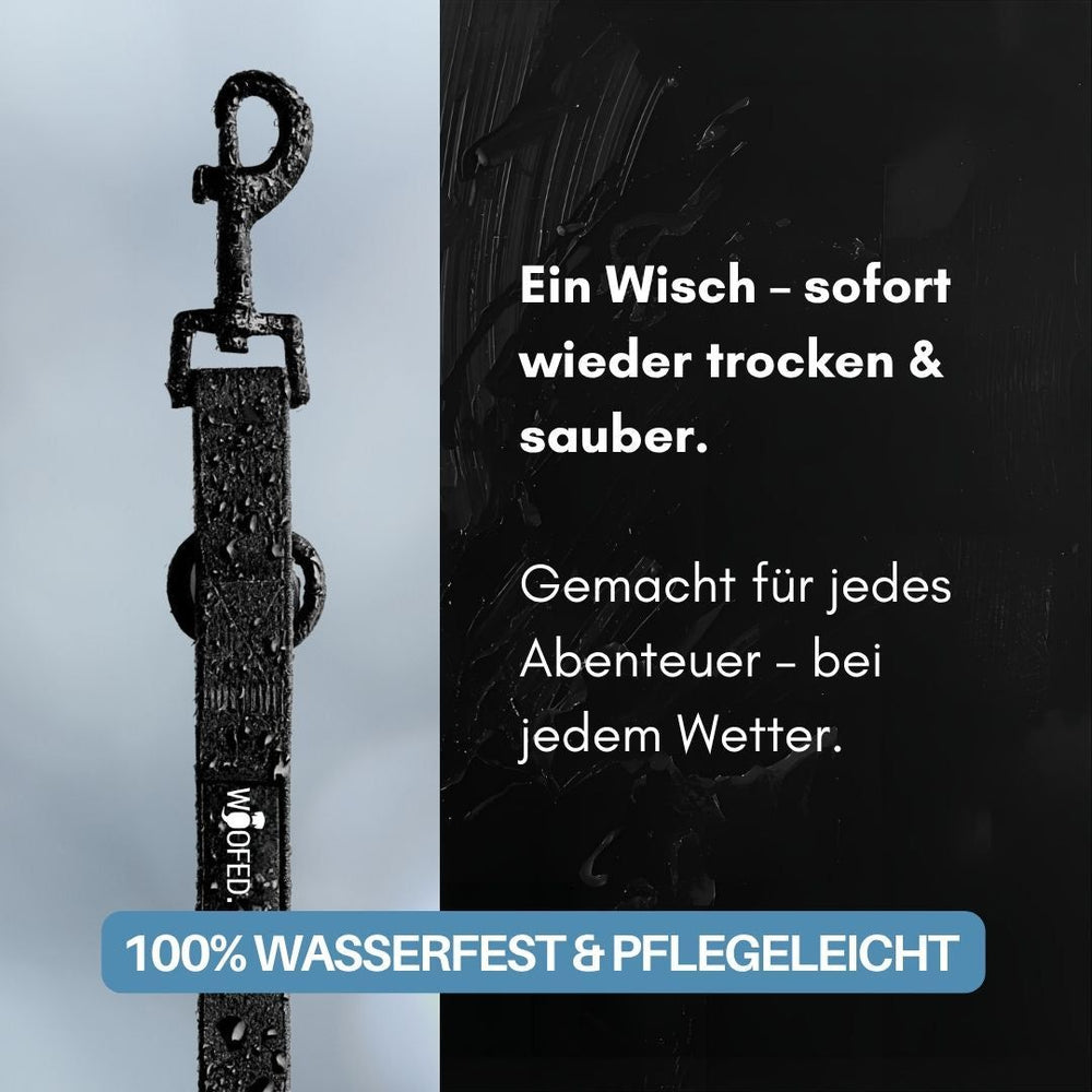 "Wasserfeste verstellbare Führleine WOOFLEX® Classic in Schwarz, ideal für Abenteuer bei jedem Wetter."