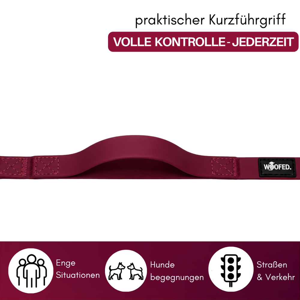 Burgunderrote WOOFLEX® Classic Führleine mit ergonomischem Kurzführgriff für sichere Hundebegegnungen.