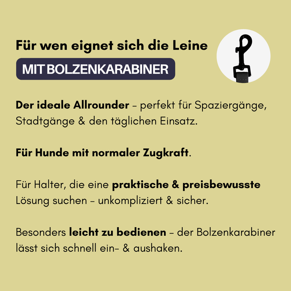 Hundeleine WOOFLEX® Classic mit Bolzenkarabiner, ideal für tägliche Spaziergänge und sichere Nutzung durch Halter.