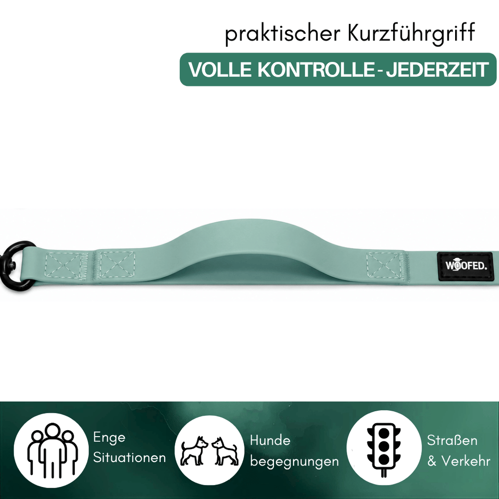 Mintgrüner Kurzführgriff WOOFLEX® Classic für Hunde, ideal für enge Situationen und Begegnungen.