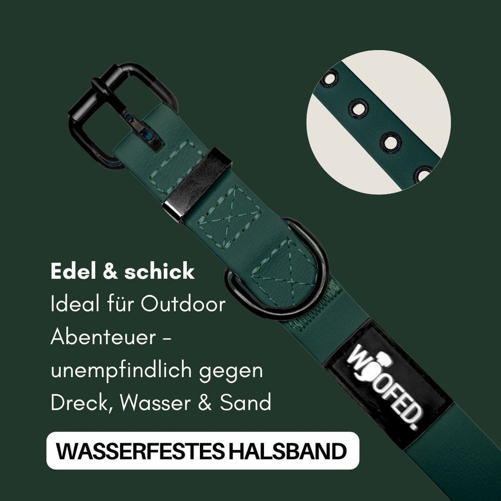 Wasserfestes, verstellbares Halsband WOOFLEX® Classic in Dunkelgrün für Outdoor-Abenteuer. Robuste Schnalle und Metall-Ösen.