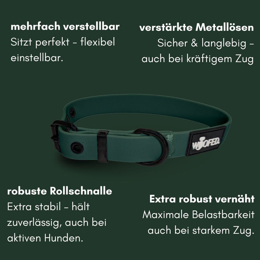 Verstellbares grünes Hundehalsband WOOFLEX® Classic mit stabilen Metallösen und robuster Rollenschnalle.