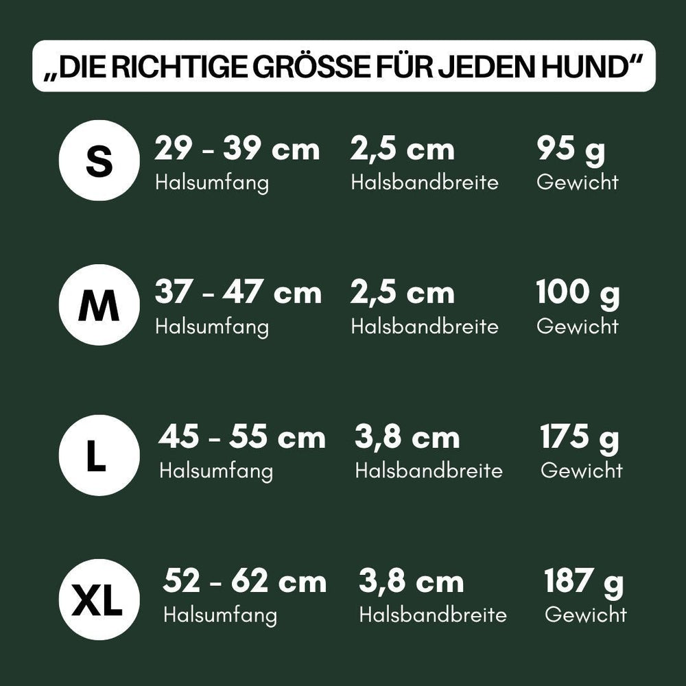 Größentabelle für das verstellbare WOOFLEX® Classic Hundehalsband in S, M, L und XL mit Angaben zu Halsumfang und Breite.