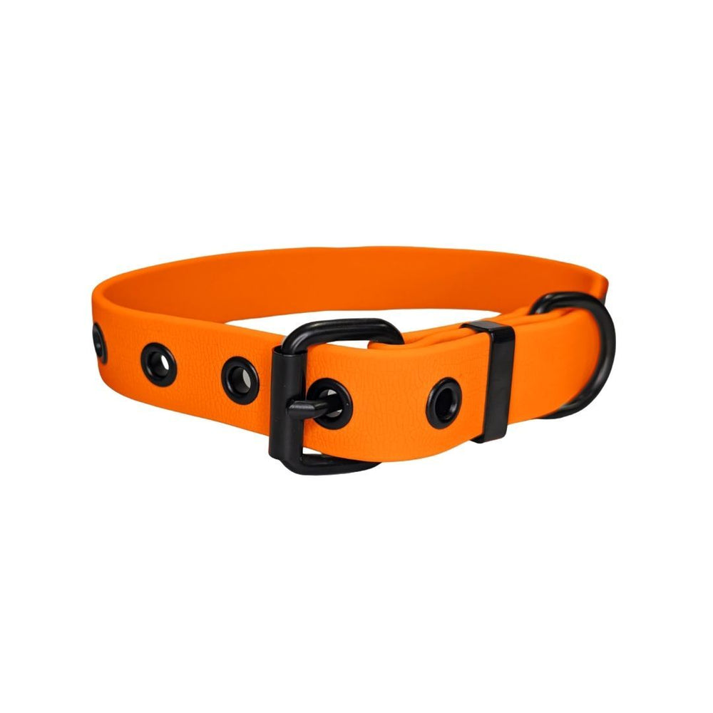 Verstellbares Halsband WOOFLEX® Classic in leuchtendem Orange mit schwarzen Ösen und Schnalle, ideal für aktive Hunde.