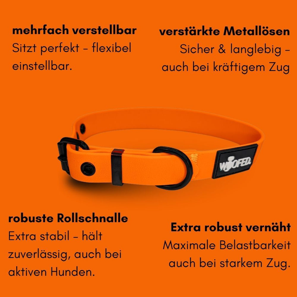 Orangefarbenes verstellbares Hundehalsband WOOFLEX® Classic mit Metallösen und Rollenschnalle für optimalen Sitz.