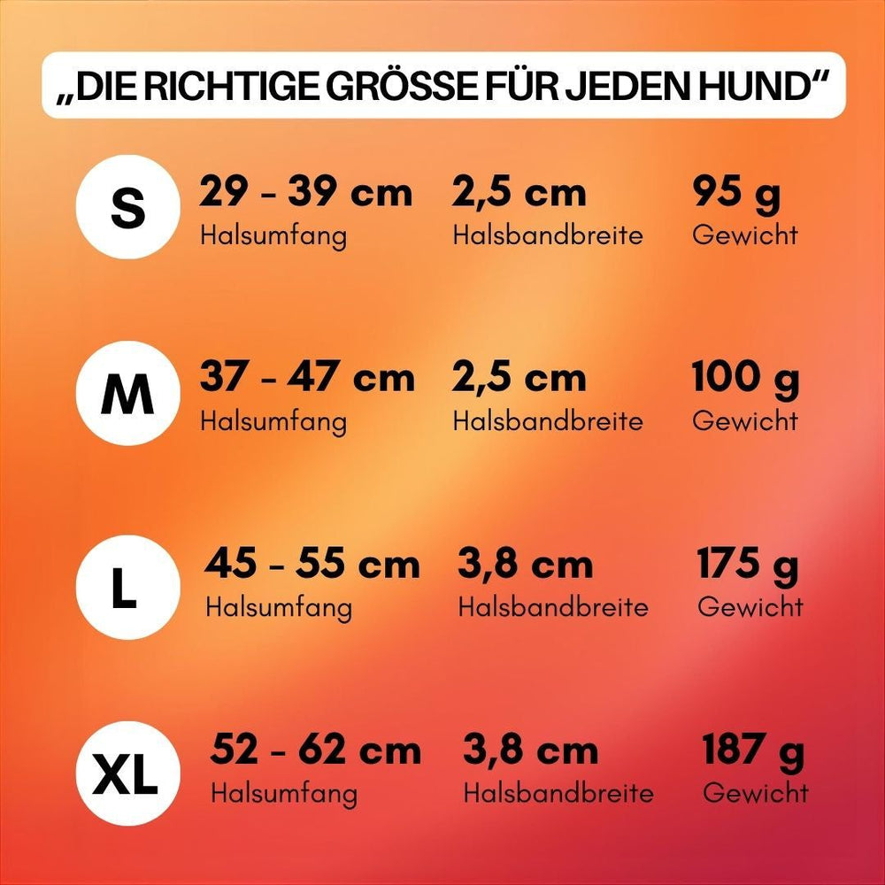 Größentabelle für das verstellbare WOOFLEX® Classic Hundehalsband, inklusive S, M, L und XL.