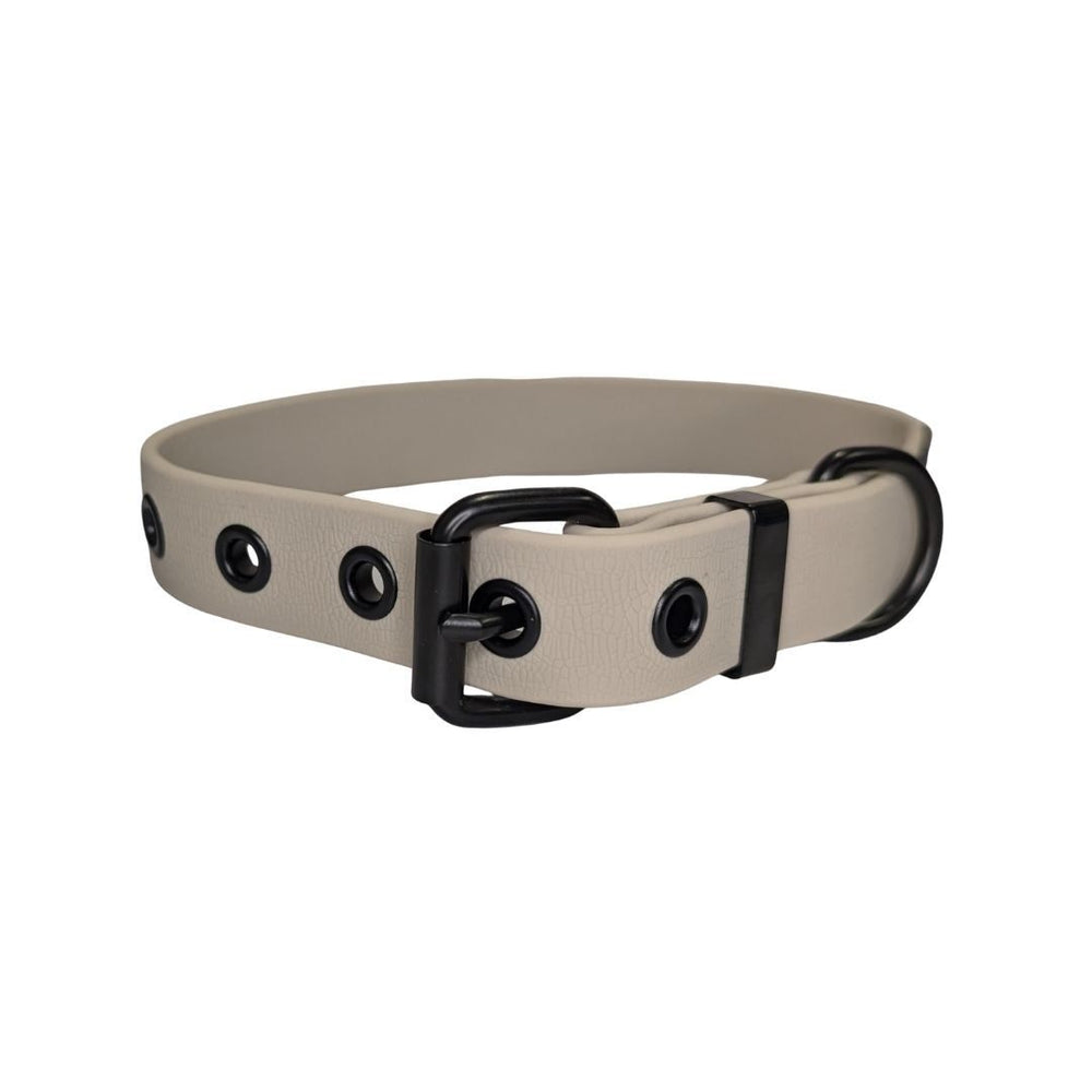 Verstellbares WOOFLEX® Classic Halsband in hellem Grau mit schwarzen Metallbeschlägen für modernen Stil und Komfort.
