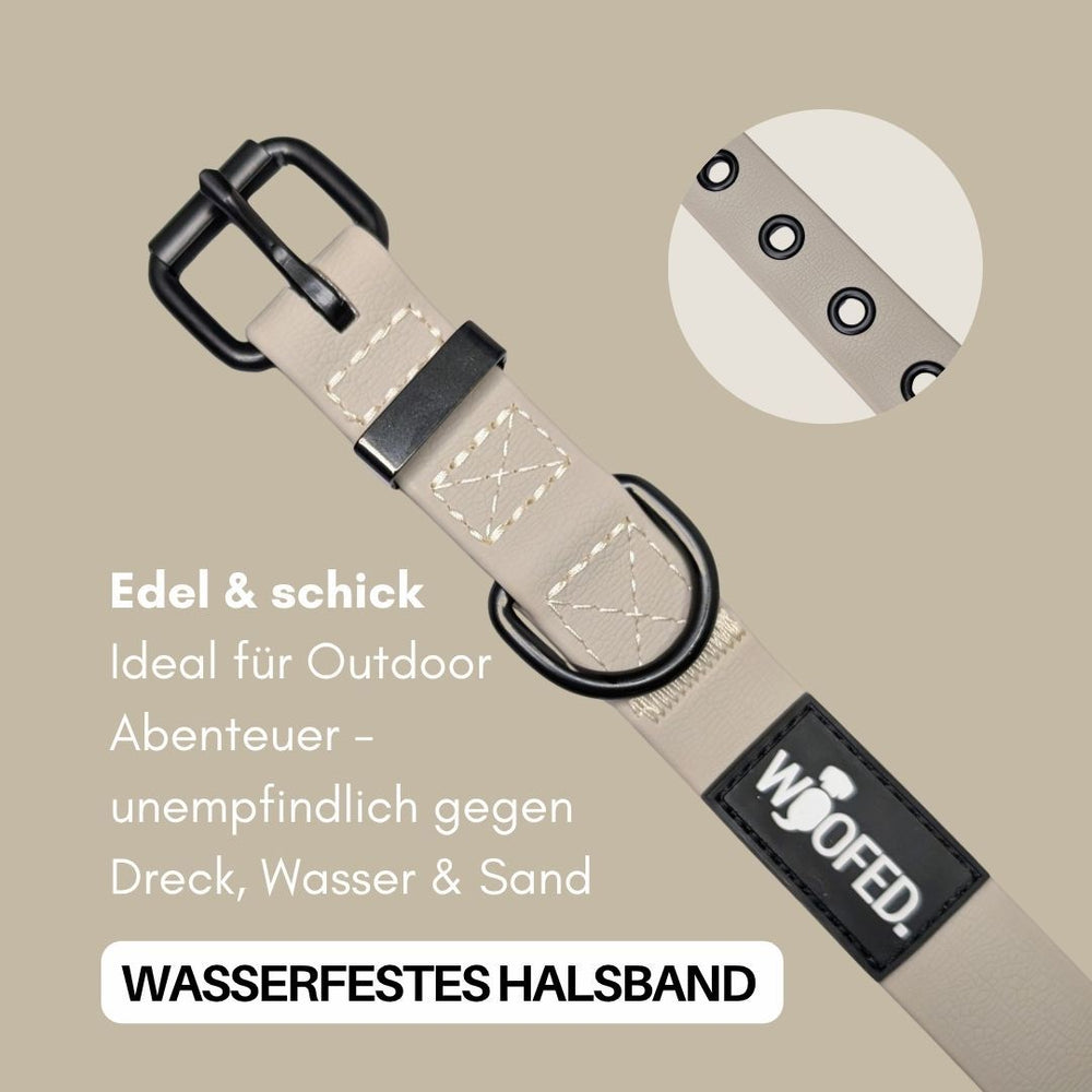 Verstellbares, wasserfestes Halsband WOOFLEX® Classic in hellbeige mit schwarzen Metallbeschlägen und WOOFED-Logo.