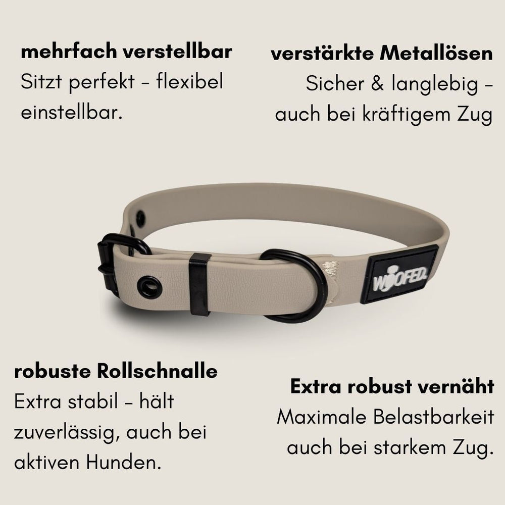 Verstellbares beiges Hundehalsband WOOFLEX® Classic mit robusten Metallösen und Rollenschnalle für hohe Sicherheit.