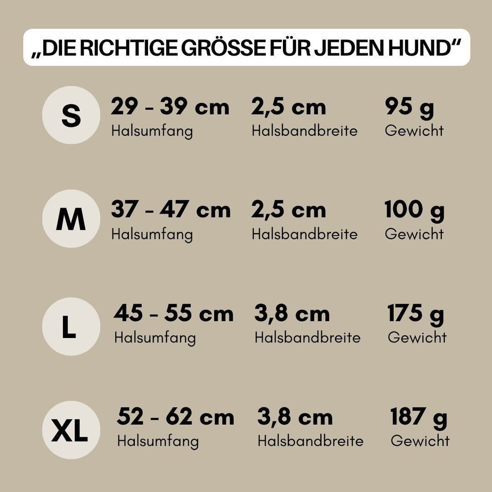 "Tabelle mit Größenangaben für verstellbare Hundehalsbänder WOOFLEX® Classic, inkl. Halsumfang, Breite und Gewicht."