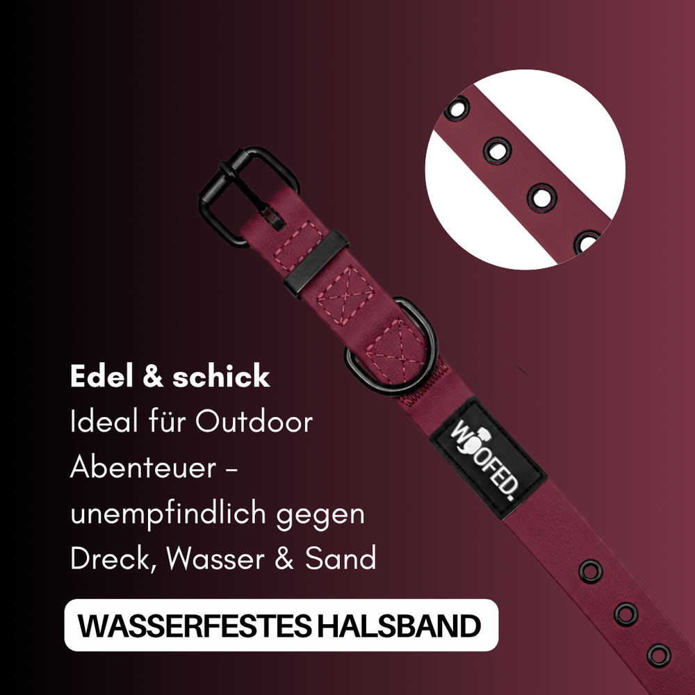 Verstellbares WOOFLEX® Classic Halsband in elegantem Dunkelrot, ideal für Outdoor-Abenteuer, wasserdicht und robust.