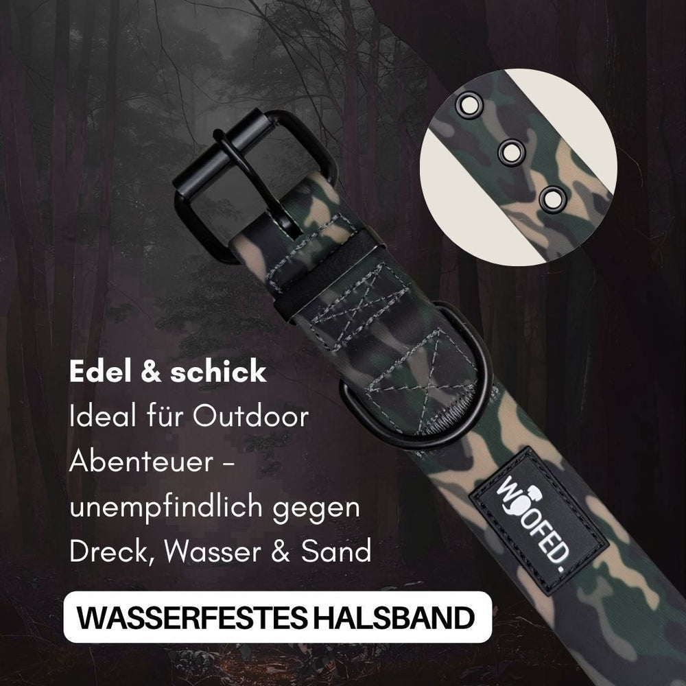 WOOFLEX® Classic Halsband in Camouflage-Design, wasserfest und verstellbar, ideal für Outdoor-Abenteuer.