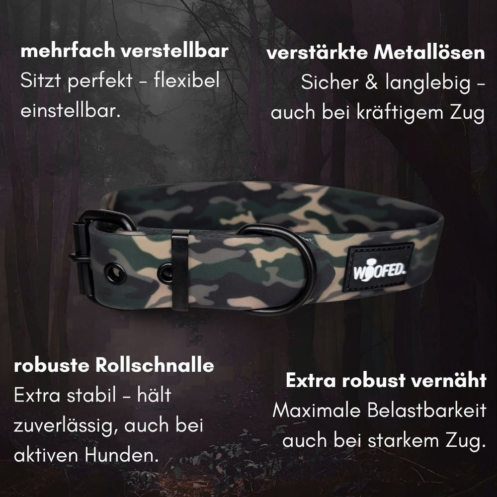 Verstellbares WOOFLEX® Classic Hundehalsband in Camouflage, langlebig mit sicheren Metallösen für optimalen Sitz.