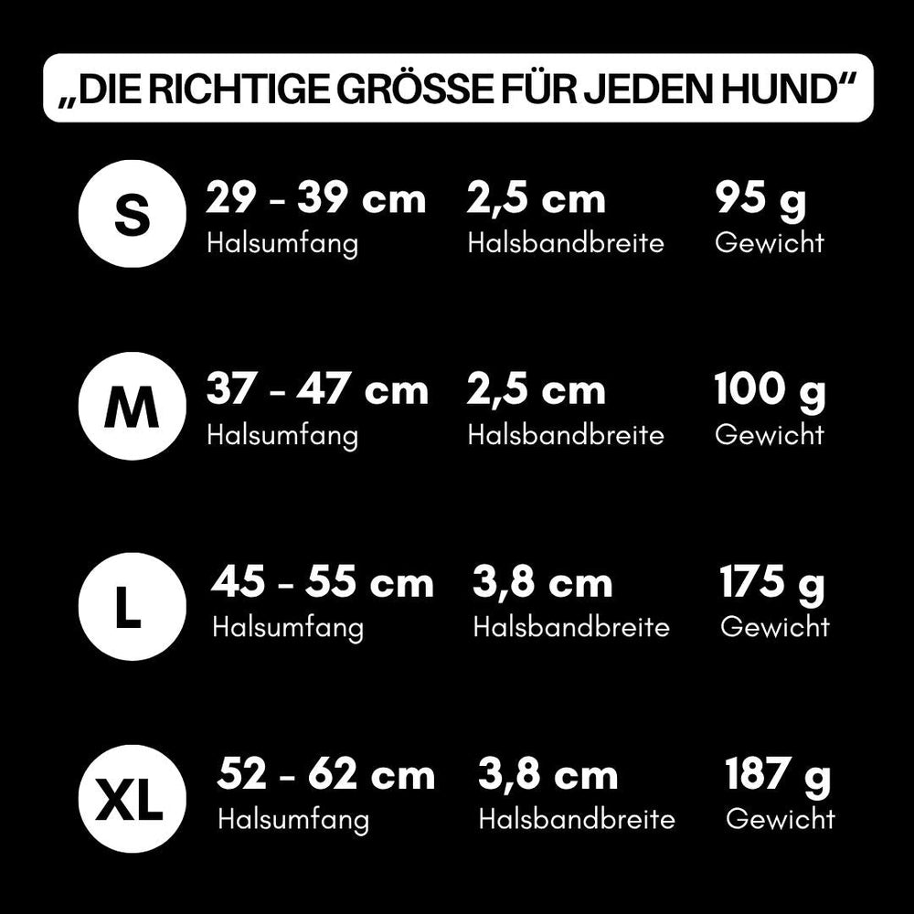 Größentabelle für verstellbare Hundehalsbänder WOOFLEX® Classic mit Angaben zu S, M, L und XL.