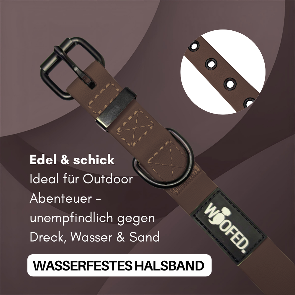Braunes, wasserdichtes WOOFLEX® Classic Halsband mit metallischer Schnalle und D-Ring für Outdoor-Abenteuer.