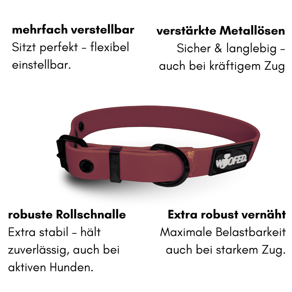 Verstellbares Hundehalsband WOOFLEX® Classic in tiefem Rot mit verstärkten Metallösen für Sicherheit und optimalen Sitz.