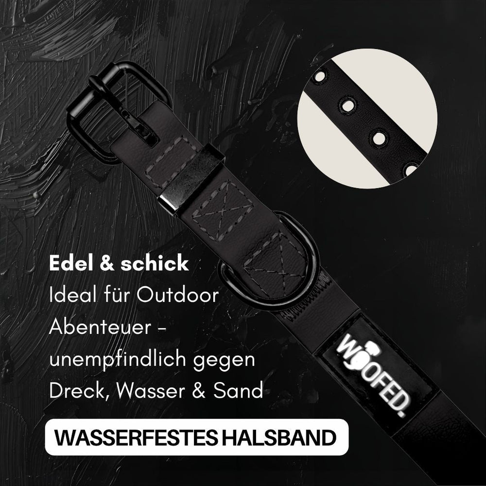 Schwarzes, verstellbares Halsband WOOFLEX® Classic für Hunde, wasserfest mit stabilen Materialien und verstärkten Nähten.