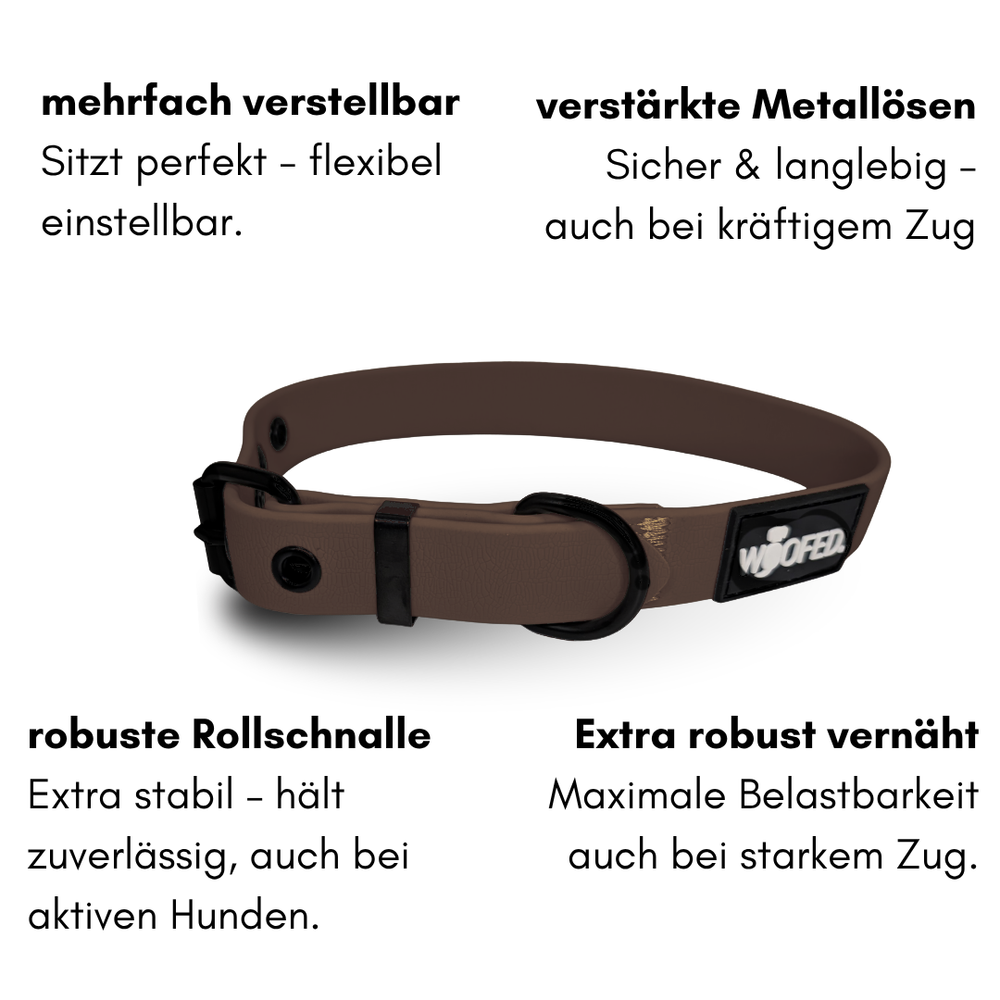 Braunes WOOFLEX® Classic Hundehalsband, verstellbar mit stabilen Metallösen und robuster Rollenschnalle für Sicherheit.