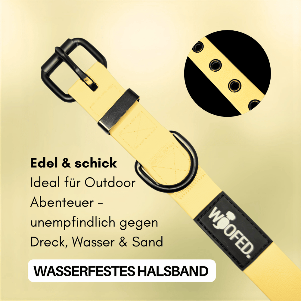 Wasserdichtes, verstellbares Halsband WOOFLEX® Classic in leuchtendem Gelb, ideal für Outdoor-Aktivitäten.