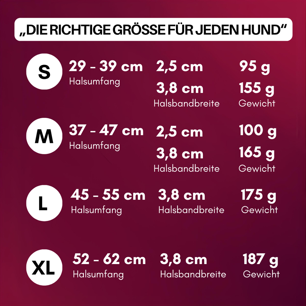 Übersicht der verstellbaren WOOFLEX® Classic Hundehalsbänder in den Größen S, M, L und XL mit Maßangaben.