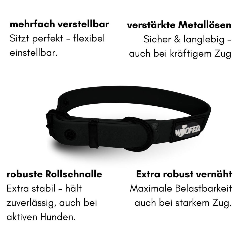 Verstellbarer Hundegeschirrriemen WOOFLEX® Classic in Schwarz mit robustem Metallverschluss für maximale Flexibilität und Langlebigkeit.
