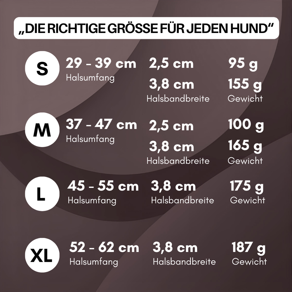 Größentabelle für das verstellbare Halsband WOOFLEX® Classic: S, M, L, XL mit Halsumfang, Breite und Gewicht.