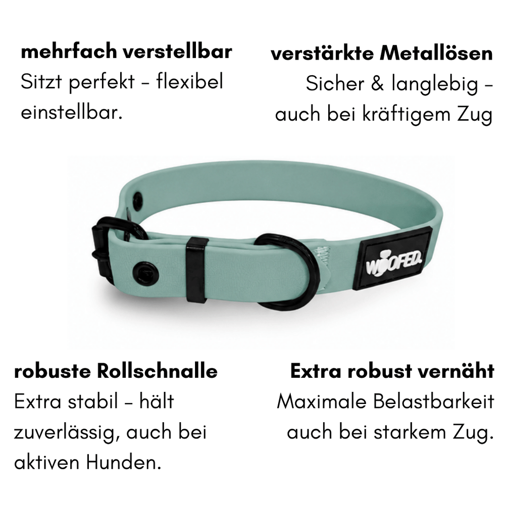 Verstellbares mintgrünes Hundehalsband WOOFLEX® Classic mit stabilen Metallösen und robustem Design.