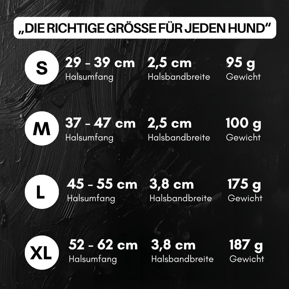 Größentabelle für das verstellbare Hundehalsband WOOFLEX® Classic mit S, M, L und XL Angaben.