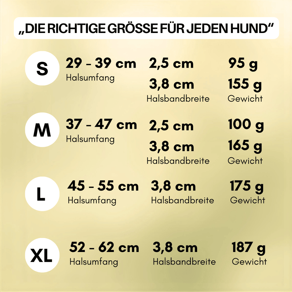 Größentabelle für verstellbare Hundehalsbänder WOOFLEX® Classic mit Angaben zu Halsumfang und Bandbreite.
