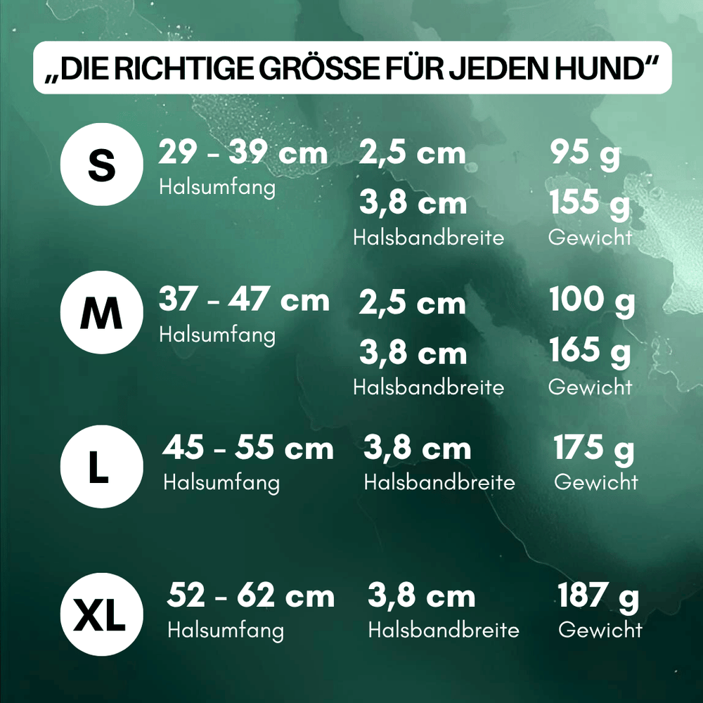 Übersicht der Größenempfehlungen für das verstellbare Halsband WOOFLEX® Classic für Hunde.