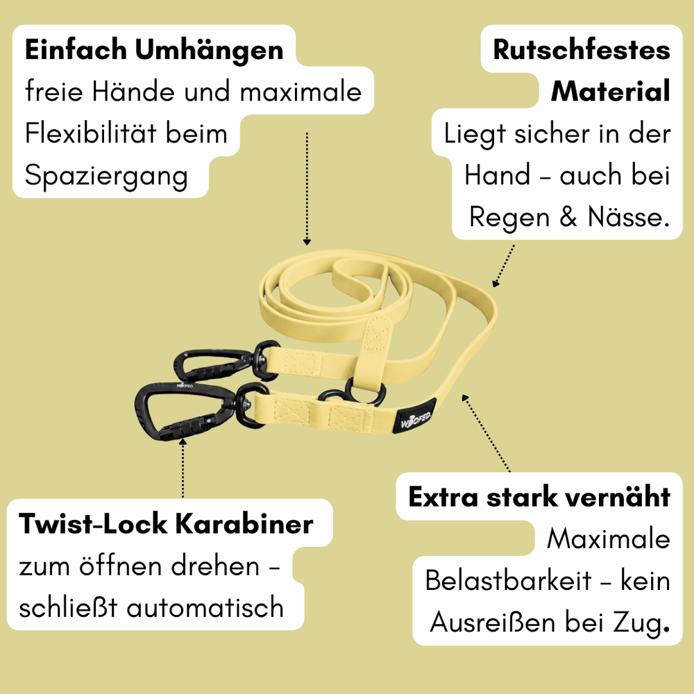 Gelbe WOOFLEX® Pro Umhängeleine mit automatischen Twist-Lock Karabinerhaken, rutschfest für sicheren Halt bei Nässe.