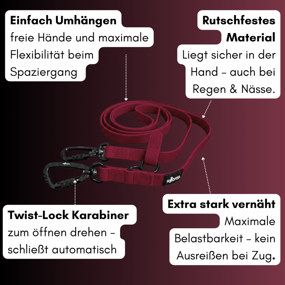 "Umhängeleine WOOFLEX® Pro: verstellbare, rutschfeste Hundeleine mit sicheren Twist-Lock-Karabiner für besten Halt."
