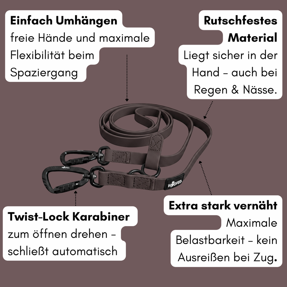 Umhängeleine WOOFLEX® Pro mit zwei Twist-Lock Karabinern und rutschfestem Material für sicheren Halt beim Gassigehen.