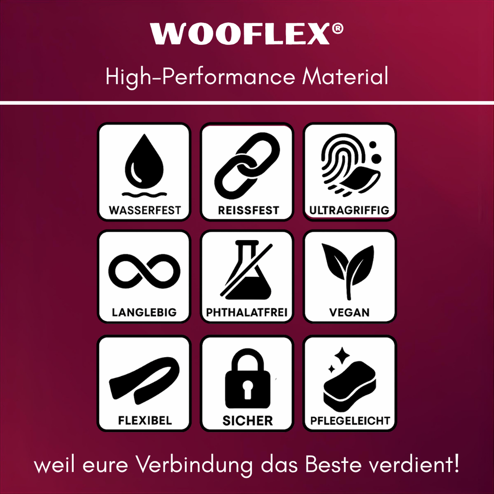 "WOOFLEX® Classic Umhängeleine mit Eigenschaften wie wasserfest und reißfest auf buntem Hintergrund."