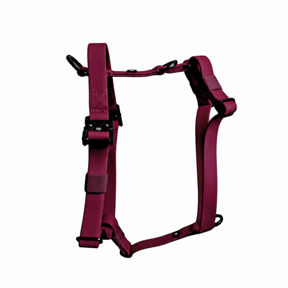 Burgunderrotes, 4fach-verstellbares Y-Hundegeschirr WOOFLEX® mit Griff, Sicherheitsschnallen und wasserfester Konstruktion.