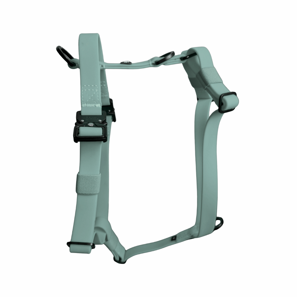 Mintgrünes Y-Hundegeschirr WOOFLEX® - 4fach verstellbar, ergonomisch, wasserfest mit Griff und Sicherheitsfunktionen.