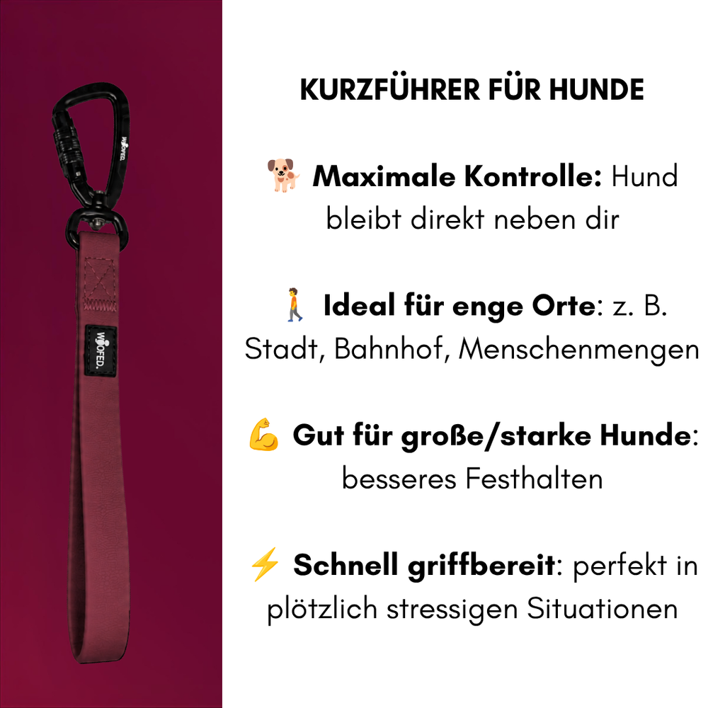 "Produktbeschreibung Kurzführer WOOFLEX® für maximale Kontrolle und Eignung für große Hunde in engen Orten."